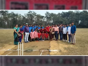 Group photo of winners and participants celebrating the success of the Annual Athletic Meet 2024-25 at Saraswat Higher Secondary School.