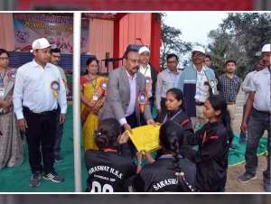 Winners receiving medals and certificates at the Annual Athletic Meet 2024-25 award ceremony at Saraswat Higher Secondary School.