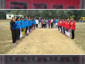 Group photo of winners and participants celebrating the success of the Annual Athletic Meet 2024-25 at Saraswat Higher Secondary School.