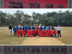 Group photo of winners and participants celebrating the success of the Annual Athletic Meet 2024-25 at Saraswat Higher Secondary School.